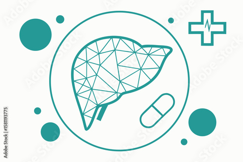 Geometric Liver Icon with Pill and Medical Cross on White Background
