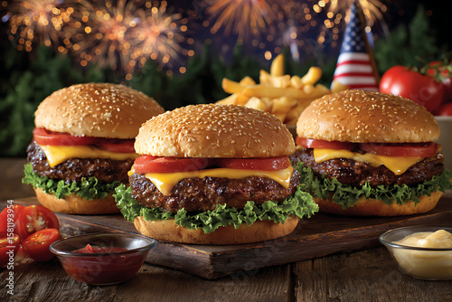 Patriotic Burger Feast: Delicious burgers and golden fries are presented in a festive display of American pride, alongside fireworks display and national symbols to evoke patriotism