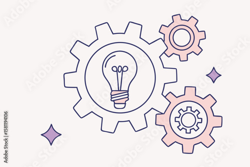 Lightbulb in Gear with Two Other Gears and Purple Sparkles