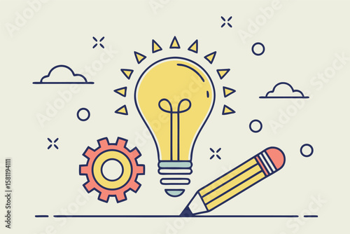 Lightbulb Pencil Gear Clouds Illustration idea creativity