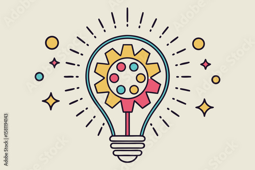 Lightbulb with Gear and Bursting Rays Illustration