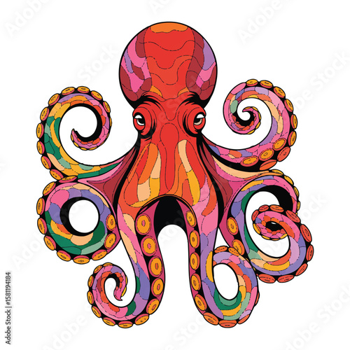 Vector art of a colorful octopus with intricate patterns is isolated on white background