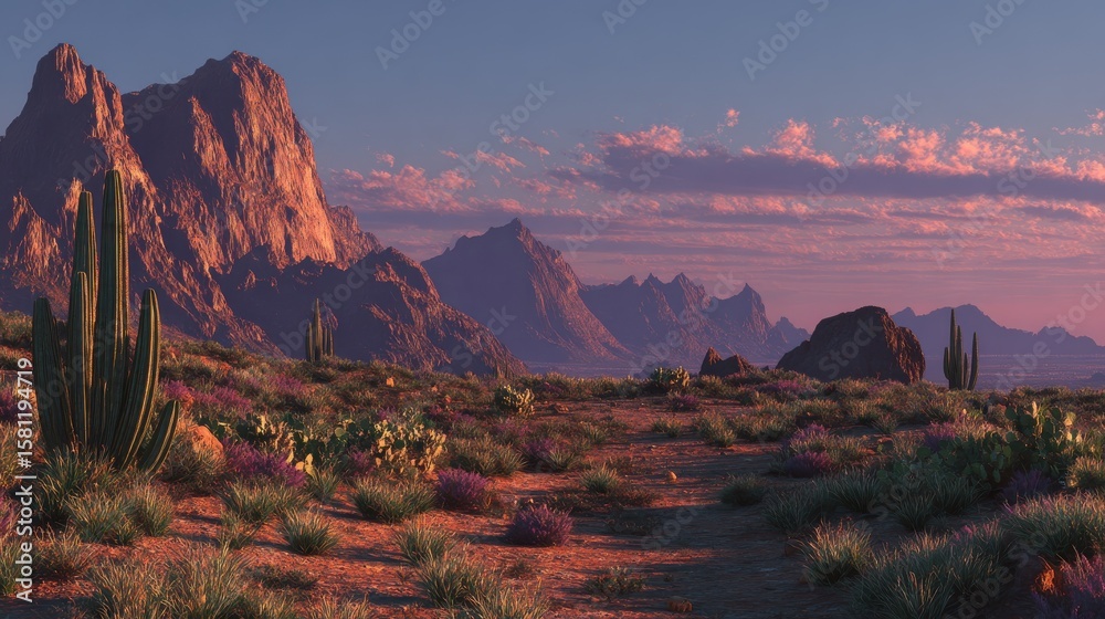 Naklejka premium Wild West Texas desert landscape with sunset with mountains and cacti.