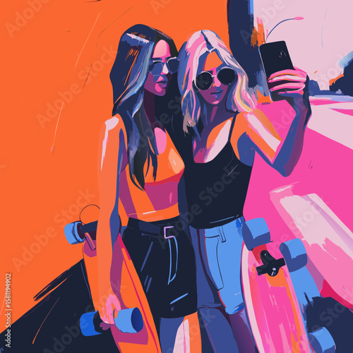 fashion girl with shopping bags and taking selfie