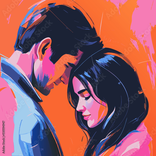 Vector illustration of a men and woman's face with elegant black hair, a flower, and stylish red lips, embodying beauty and fashion, couple goal