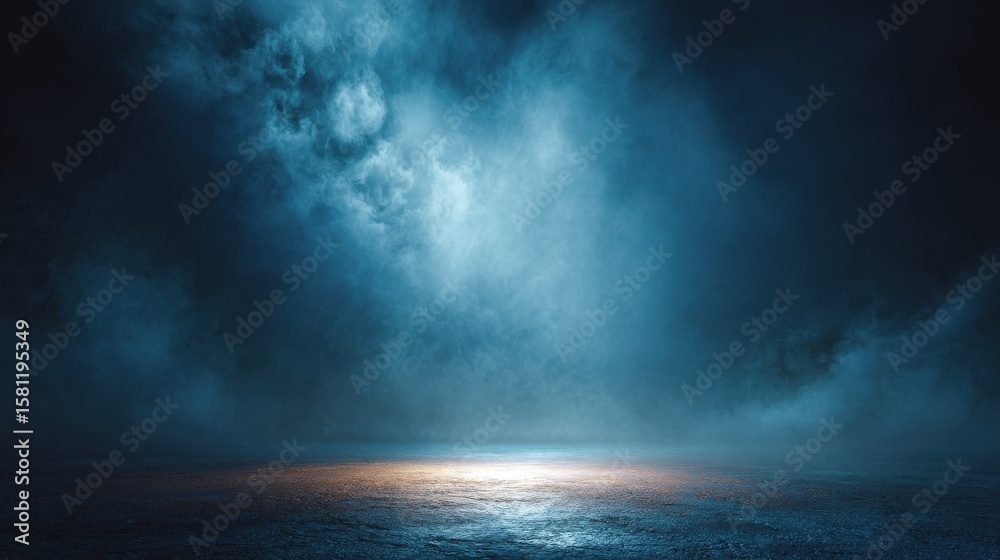 Obraz premium Dark blue smoky background with bright light on the ground, suitable for design and digital art.