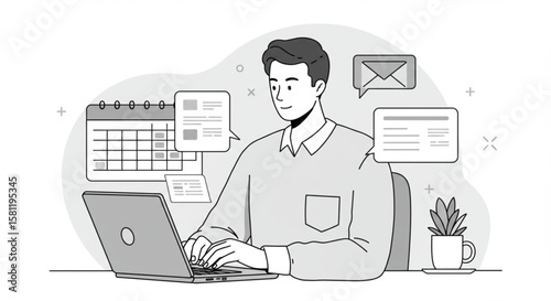 Modern man working on laptop with calendar and email icons, modern workspace with plant and coffee mug, digital communication and planning concept