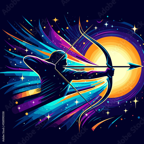 Dynamic Sagittarius zodiac illustration with archer aiming at cosmic sun in motion, featuring vibrant colors for astrology visuals and celestial fire sign energy
