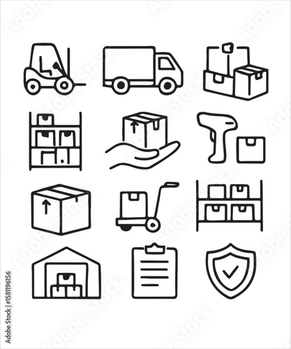 Warehouse & Logistics Line Icons Set | Forklift, Delivery Truck, Boxes, Shelving, Hand-held Scanner | Minimal Black & White