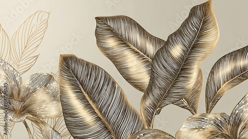 Luxury gold and nature line art ink drawing background vector. Botanical leaves, Canna leaves, banana leaf, and Floral pattern vector illustration., no logos, no brands