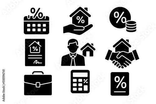 Loan and mortgage glyph icons set with finance, agreement and payment symbols on white background
