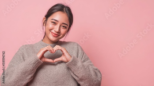 Attractive brunette young Asian woman feels happy and romantic shapes heart gesture expresses tender feelings wears casual jumper poses against pink background. People affection and care concept, no 
