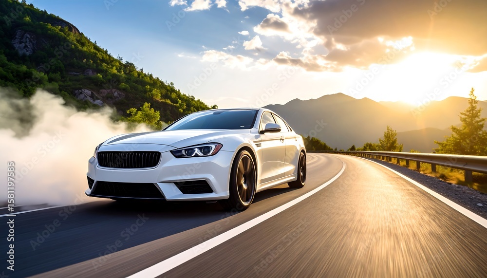 Fototapeta premium White car speeding on mountain road at sunset
