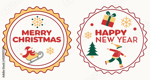 Merry Christmas and Happy New Year: Festive Circular Badges, Flat Design, Holiday Cheer