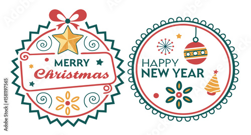 Merry Christmas and Happy New Year: Festive Retro Badge Design,  Ornamental,  Holiday Cheer.