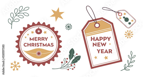 Merry Christmas and Happy New Year: Festive Flat-Lay Design with Gift Tags and Botanical Elements