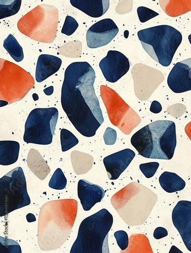 A modern terrazzo design featuring bold chips of cobalt blue and soft peach, scattered across a smooth, off-white base.