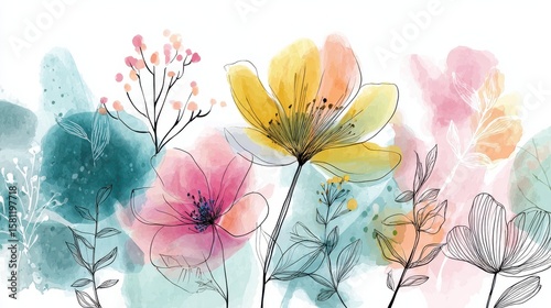 Flower watercolor art background vector. Wallpaper design with floral paint brush line art. leaves and flowers nature design for cover, wall art, invitation, fabric, poster, canvas print., no logos, 