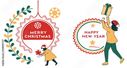 Festive duo celebrating merry christmas and happy new year with gifts