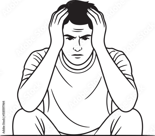 A black and white illustration of stressed man in distress, depicting anxiety