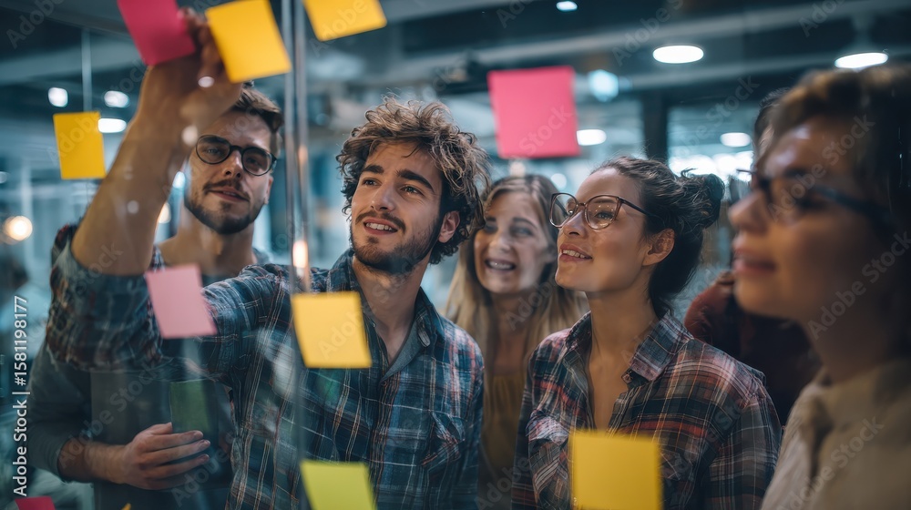 Obraz premium Creative group of business people brainstorming putting sticky notes on glass wall in office, no logos, no brands