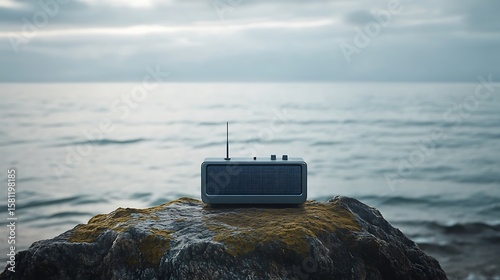 A sleek minimalist radio player resting on a rock seascape
