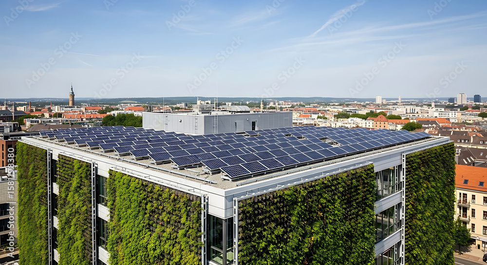 Fototapeta premium Green Building with Solar Panels Rooftop and Cityscape View under a Bright Sky, Eco-Friendly Urban Design.