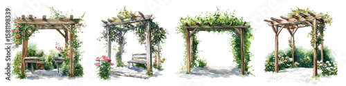 Set of watercolor garden pergolas shade gate with climbing creeping plants vines and flowers isolated on transparent background