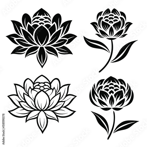  Stylized Lotus Flowers: A Collection of Black and White Vector Illustrations for a Calm and Elegant Design