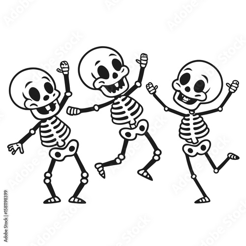 Three Spooky Skeletons Dancing Joyfully: A Fun and Friendly Halloween Cartoon Illustration