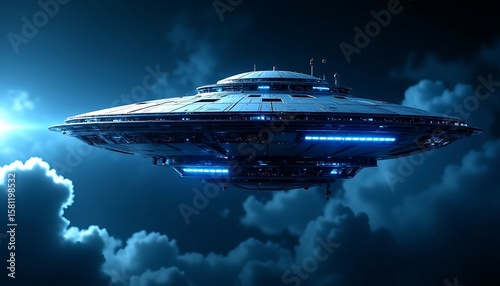 Futuristic UFO with advanced technological details, blue energy glow, sci-fi concept art