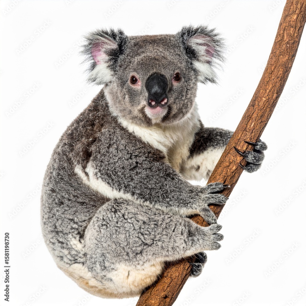 Naklejka premium Portrait of a Cute Gray Koala Gripping to a Branch on a White Background