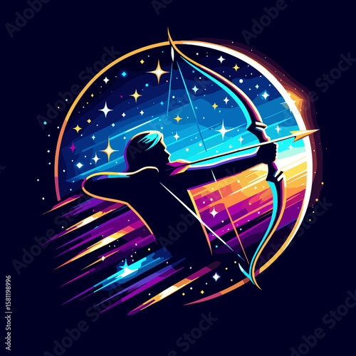 Archer shooting an arrow towards the shining stars, representing Sagittarius in a dynamic cosmic scene