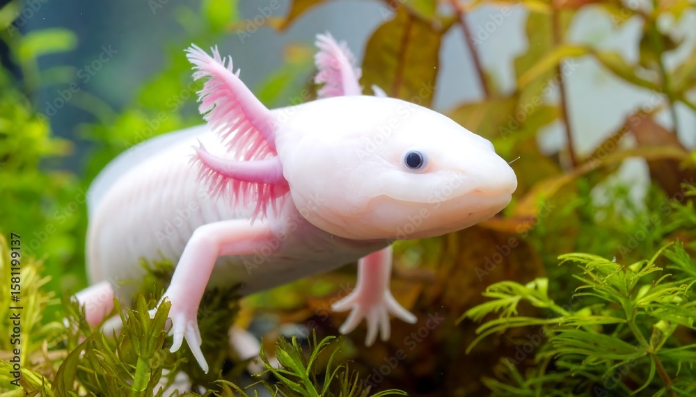 Obraz premium Close-up of a white Axolotl in a planted aquarium