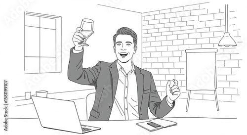 Businessman Working at Desk with City View at Sunset