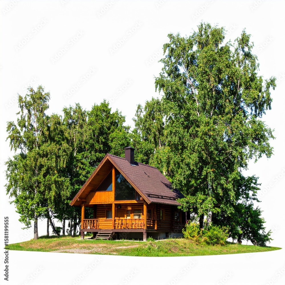 Obraz premium Secluded Wooden Cabin Among Green Trees in Summer Under Bright Daylight
