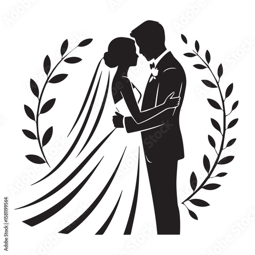 Vector art of silhouette of a bride and groom embracing isolated on white background with floral wreath