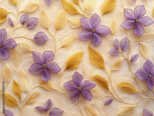 An intricate lace pattern featuring delicate lavender flowers intertwined with yellow leaves and vines. 