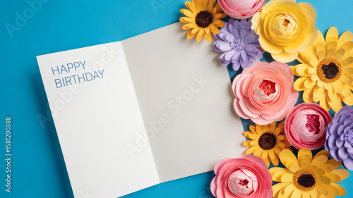 Open birthday card with colorful paper flowers on vibrant blue background conveying celebration and joy