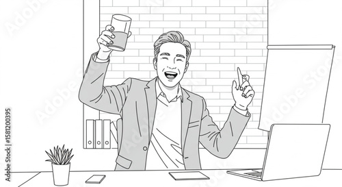 Excited Businessman Celebrating Success and Achievement at Office Desk with a Drink, Feeling Joyful and Victorious
