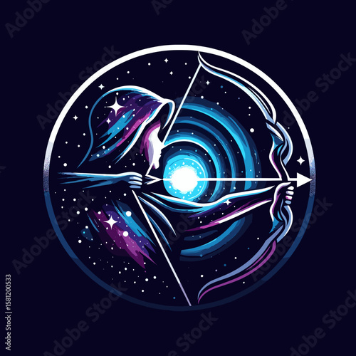 Silhouette of a female archer, representing Sagittarius in a circular design  for mystical astrology visuals and celestial balance