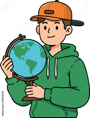 Young boy holding globe wearing green hoodie and orange cap vector illustration for education and geography learning