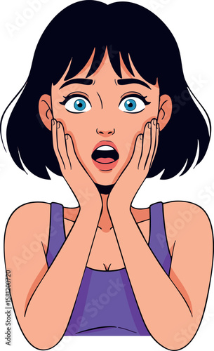 Young woman with short black hair expressing shock and surprise in purple top vector illustration