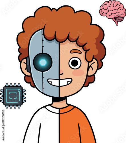 Cyborg boy with red curly hair showing half human half robot face smiling cheerful vector illustration