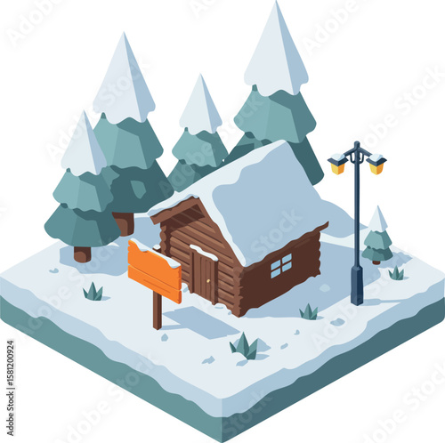 Winter cabin with snow-covered roof and pine trees in snowy landscape vector illustration