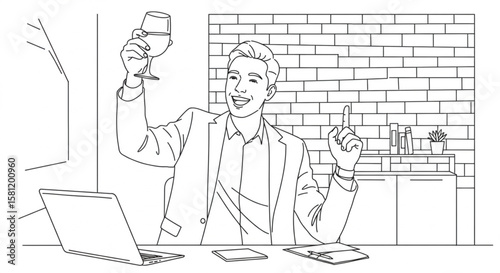 Cheerful professional man raising a glass in a video conference at home. Line art concept of remote work success and virtual celebration.