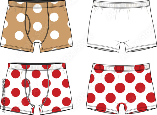 Minimalist Polka-Dot Boxer Briefs Design Sketches: Front and Back Views, Fashion Illustration, Casual Underwear Concept