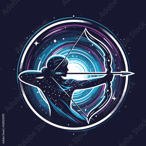 Sagittarius zodiac illustration featuring silhouette of female archer in circular design for mystical astrology visuals and celestial balance