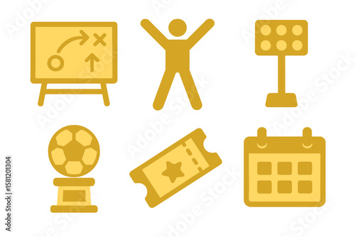 simple gold soccer event set with strategy board, celebration pose, lights, ball display, ticket, calendar on transparent