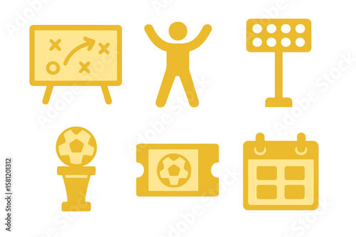 gold football icons with tactics board, celebration, stadium light, ball on stand, ticket, calendar in flat style transparent